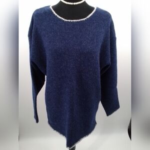 Vintage GALYAN'S Shetland Wool Sweater NAVY Tunic Cream Trim Boxy Women's sz LG